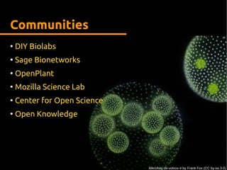 Communities
●
DIY Biolabs
●
Sage Bionetworks
●
OpenPlant
●
Mozilla Science Lab
●
Center for Open Science
●
Open Knowledge
Mikrofoto.de-volvox-4 by Frank Fox (CC by-sa 3.0)
 