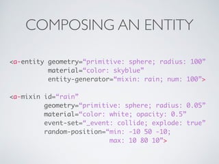 COMPOSING AN ENTITY
<a-entity geometry=“primitive: sphere; radius: 100” 
material=“color: skyblue”
entity-generator=“mixin: rain; num: 100”>
<a-mixin id=“rain”
geometry=“primitive: sphere; radius: 0.05” 
material=“color: white; opacity: 0.5”
event-set=“_event: collide; explode: true” 
random-position=“min: -10 50 -10;
max: 10 80 10”>
 
