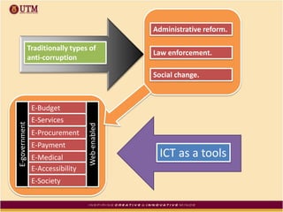 Traditionally types of
anti-corruption
Administrative reform.
Law enforcement.
Social change.
ICT as a tools
E-government
Web-enabled
E-Budget
E-Procurement
E-Payment
E-Medical
E-Accessibility
E-Services
E-Society
 