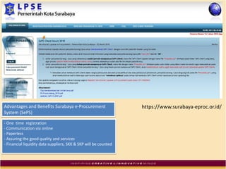 Advantages and Benefits Surabaya e-Procurement
System (SePS)
- One time registration
- Communication via online
- Paperless
- Assuring the good quality and services
- Financial liquidity data suppliers, SKK & SKP will be counted
https://www.surabaya-eproc.or.id/
 