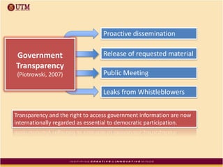 Proactive dissemination
Release of requested material
Public Meeting
Leaks from Whistleblowers
Government
Transparency
(Piotrowski, 2007)
Transparency and the right to access government information are now
internationally regarded as essential to democratic participation.
 