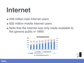 bluer_
Internet
๏ 649 million total Internet users
๏ 632 million mobile Internet users
๏ Note that the Internet was only made available to
the general public in 1995!
 