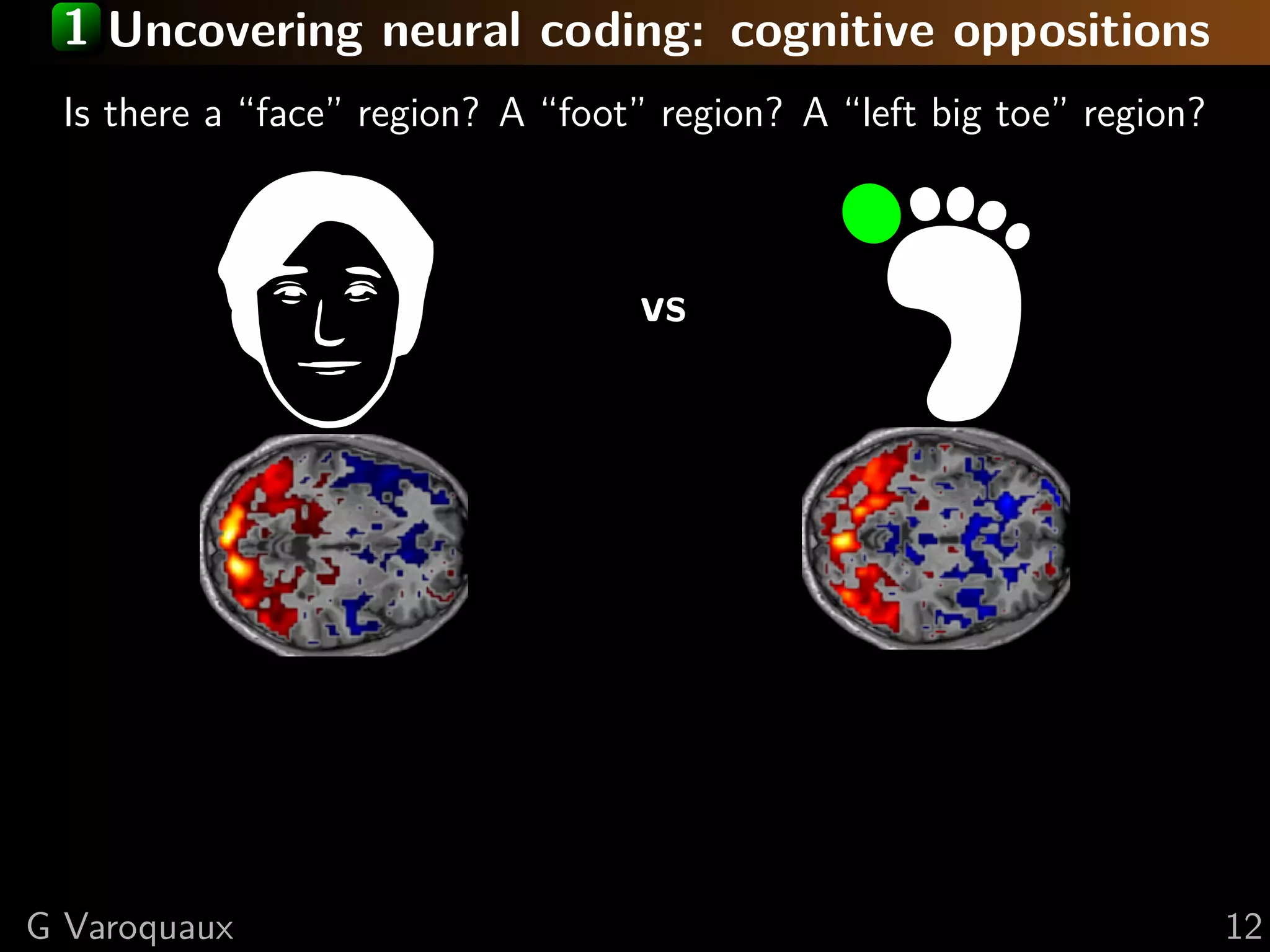 1 Uncovering neural coding: cognitive oppositions
Is there a “face” region? A “foot” region? A “left big toe” region?
vs
G Varoquaux 12
 