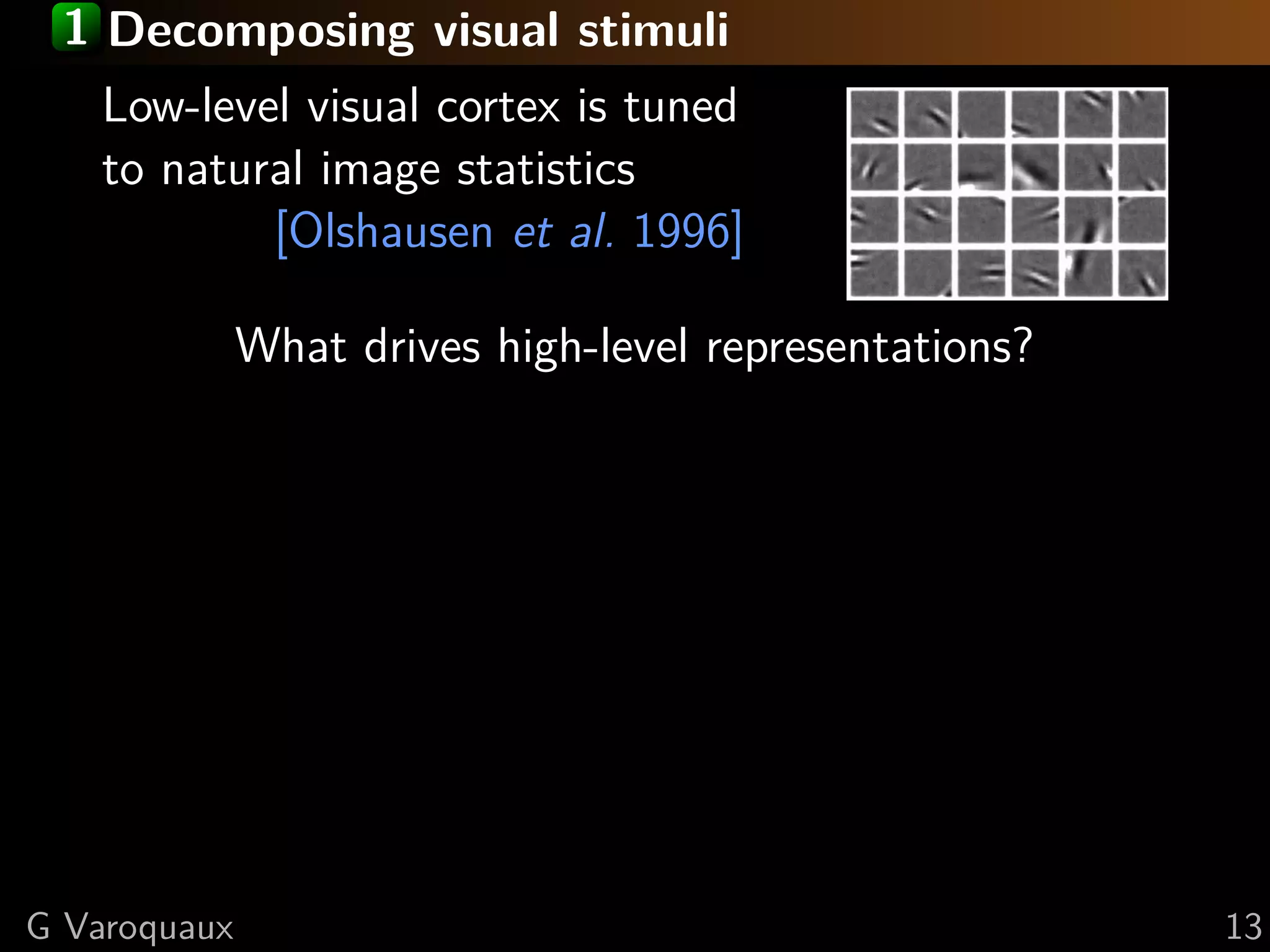 1 Decomposing visual stimuli
Low-level visual cortex is tuned
to natural image statistics
[Olshausen et al. 1996]
What drives high-level representations?
G Varoquaux 13
 