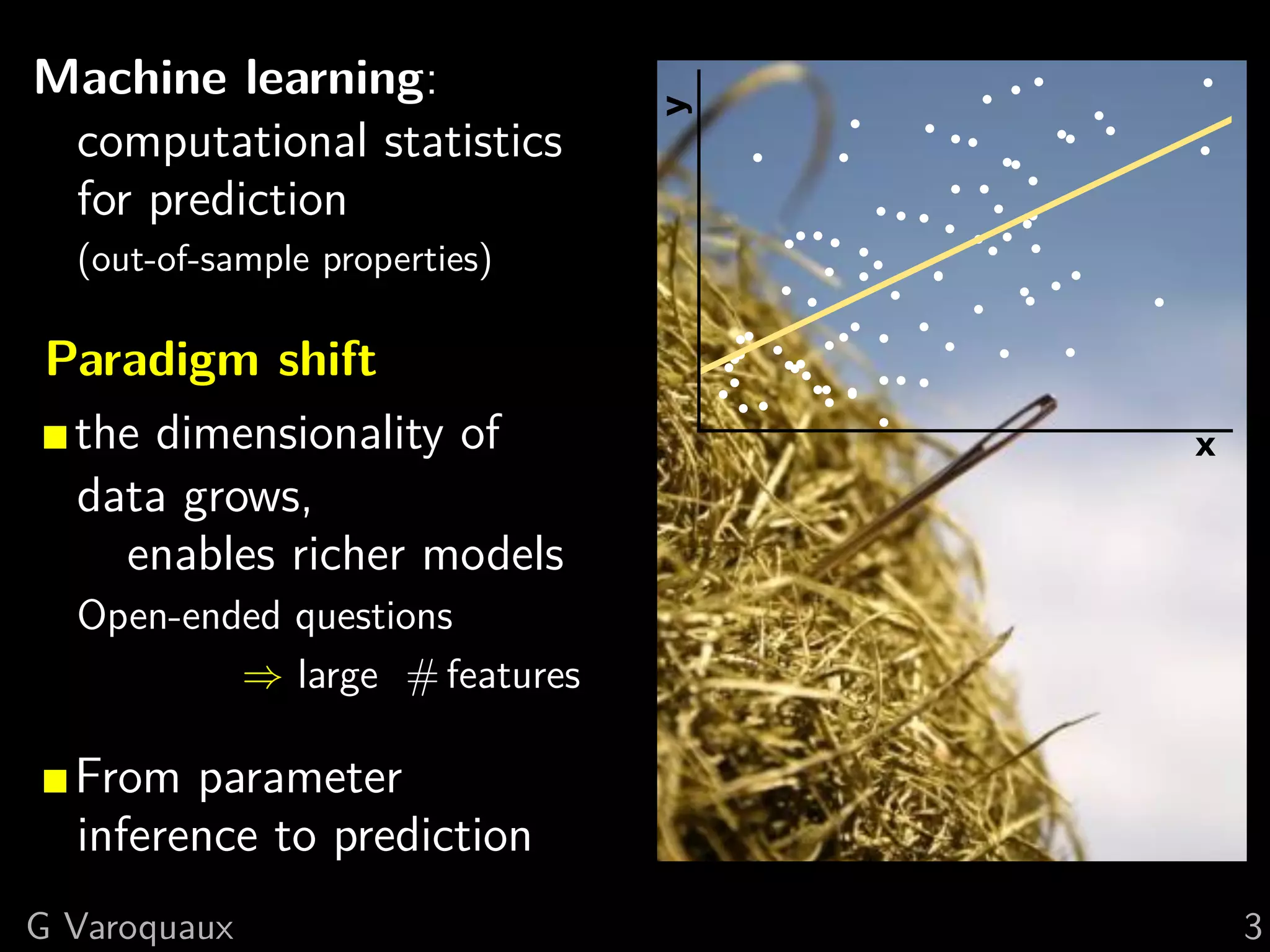 Machine learning:
computational statistics
for prediction
(out-of-sample properties)
Paradigm shift
the dimensionality of
data grows,
enables richer models
Open-ended questions
⇒ large # features
From parameter
inference to prediction
x
y
G Varoquaux 3
 