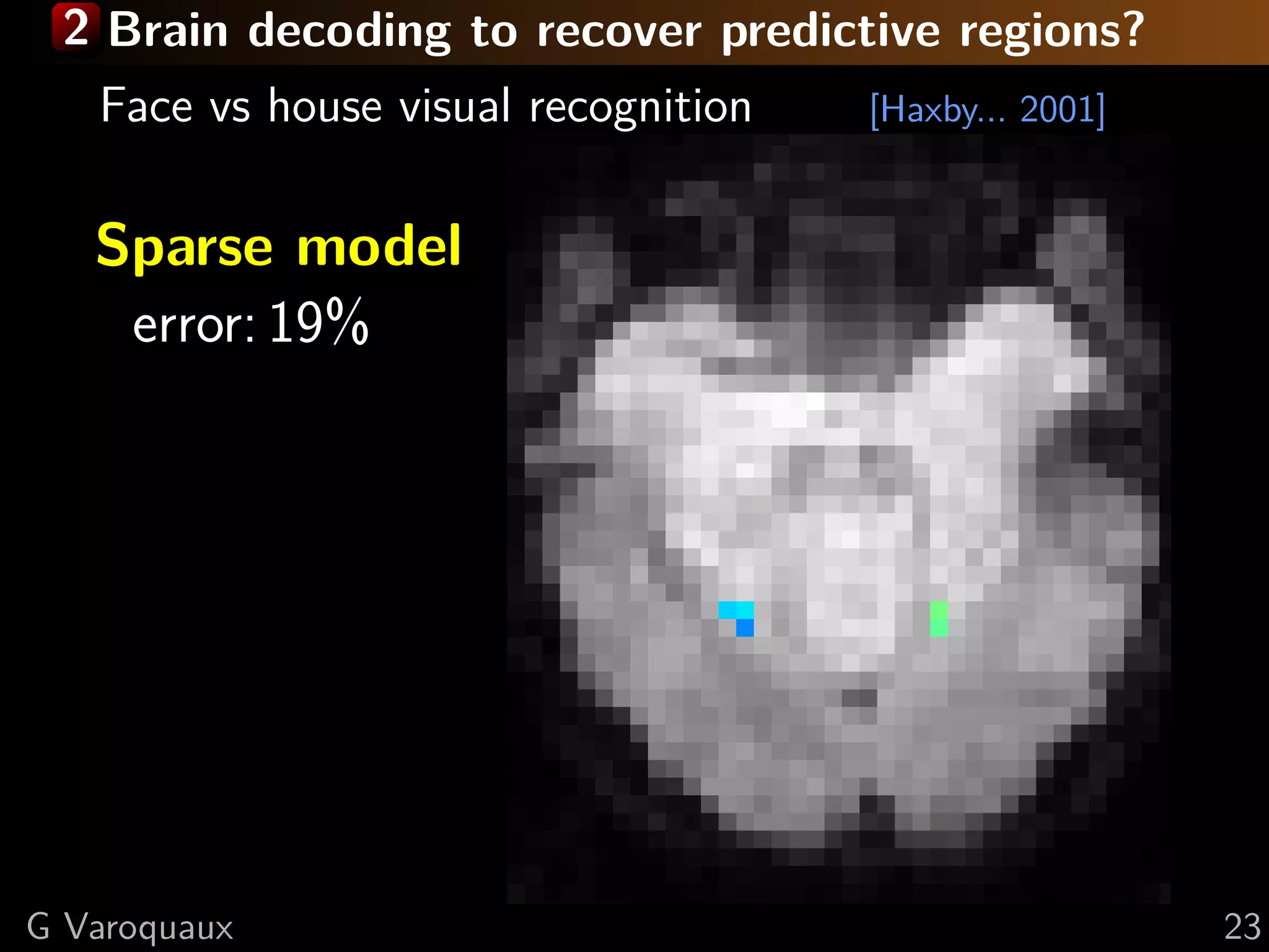 2 Brain decoding to recover predictive regions?
Face vs house visual recognition [Haxby... 2001]
Sparse model
error: 19%
G Varoquaux 23
 