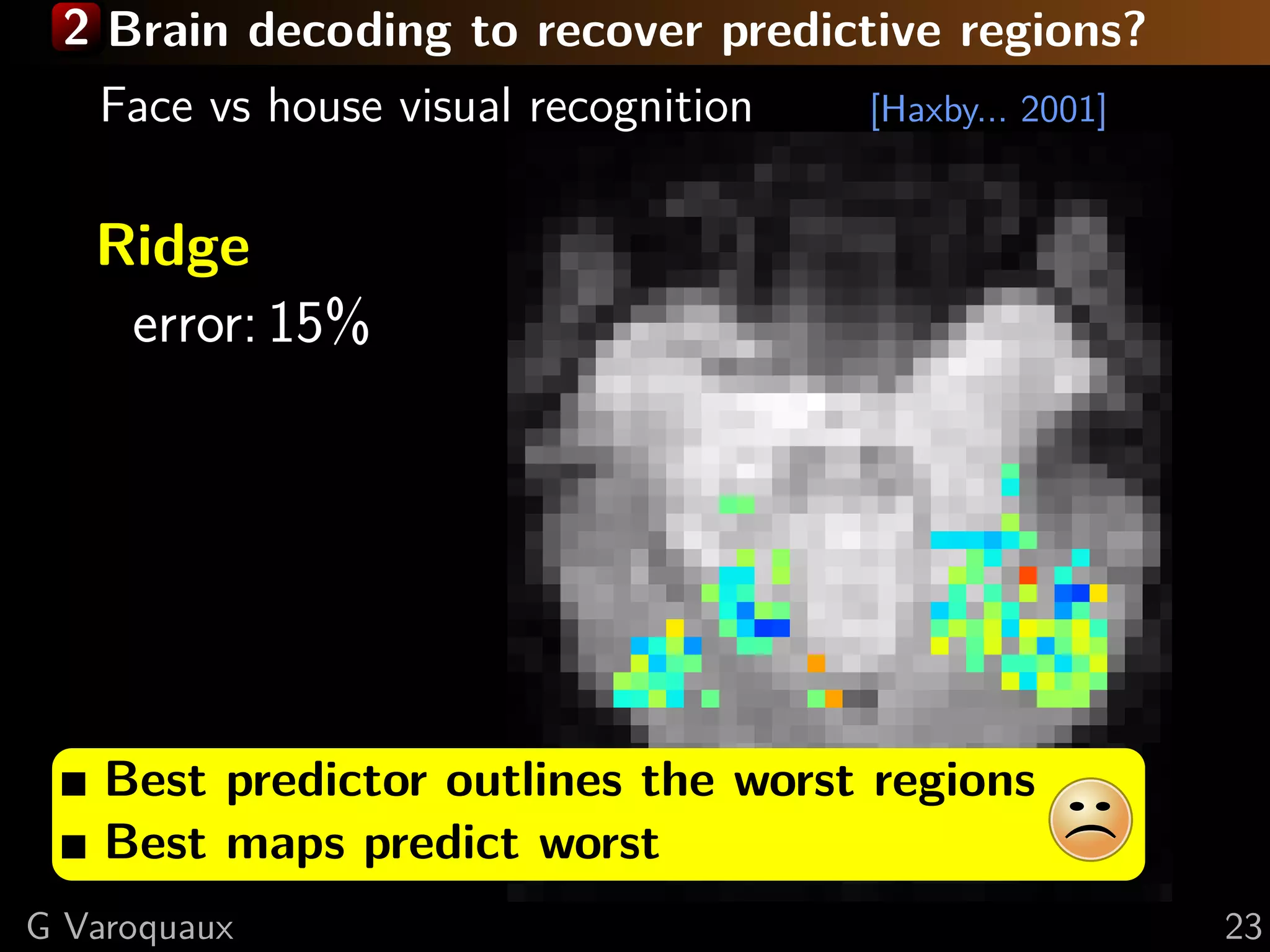 2 Brain decoding to recover predictive regions?
Face vs house visual recognition [Haxby... 2001]
Ridge
error: 15%
Best predictor outlines the worst regions
Best maps predict worst
G Varoquaux 23
 