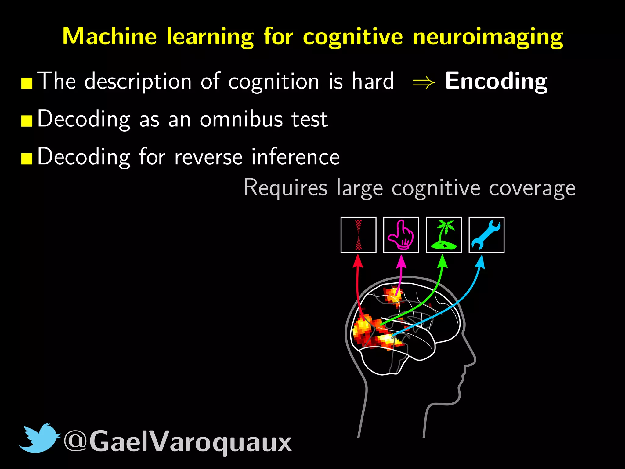 @GaelVaroquaux
Machine learning for cognitive neuroimaging
The description of cognition is hard ⇒ Encoding
Decoding as an omnibus test
Decoding for reverse inference
Requires large cognitive coverage
 