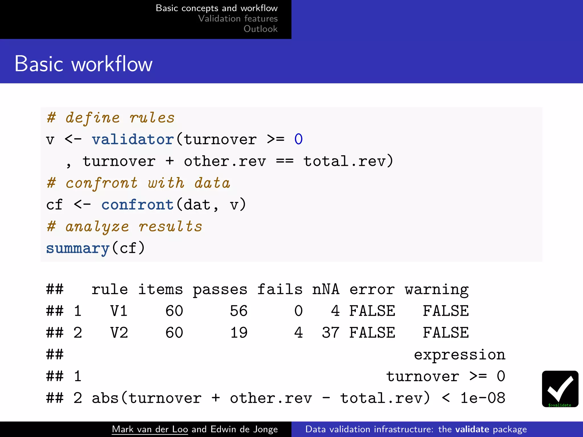 Basic concepts and workﬂow
Validation features
Outlook
Basic workﬂow
# define rules
v <- validator(turnover >= 0
, turnover + other.rev == total.rev)
# confront with data
cf <- confront(dat, v)
# analyze results
summary(cf)
## rule items passes fails nNA error warning
## 1 V1 60 56 0 4 FALSE FALSE
## 2 V2 60 19 4 37 FALSE FALSE
## expression
## 1 turnover >= 0
## 2 abs(turnover + other.rev - total.rev) < 1e-08
Mark van der Loo and Edwin de Jonge Data validation infrastructure: the validate package
 