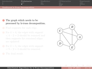 Introduction Preliminaries MapReduce GPAbstraction Experiments
Traditional k-Truss Decomposition
1 The graph which needs to be
processed by k-truss decomposition.
2 Find supports for each edge.
3 For k = 4, the edges with support
< 4 − 2 = 2 should be removed and
then supports for remained edges
are updated.
4 For k = 5, the edges with support
< 5 − 2 = 3 should be removed.
5 The ﬁnal result.
A
B
C
D
E
2
2
2
2
1
1
sup = 2
3
Distributed Algorithms for k-Truss Decomposition July 17, 2014 10 / 37
 