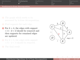 Introduction Preliminaries MapReduce GPAbstraction Experiments
Traditional k-Truss Decomposition
1 The graph which needs to be
processed by k-truss decomposition.
2 Find supports for each edge.
3 For k = 4, the edges with support
< 4 − 2 = 2 should be removed and
then supports for remained edges
are updated.
4 For k = 5, the edges with support
< 5 − 2 = 3 should be removed.
5 The ﬁnal result.
A
B
C
D
E
2
2
2
2
1
1
sup = 2
2
Distributed Algorithms for k-Truss Decomposition July 17, 2014 10 / 37
 