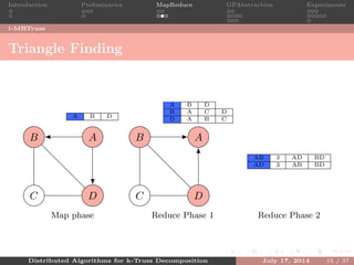 Introduction Preliminaries MapReduce GPAbstraction Experiments
i-MRTruss
Triangle Finding
A B D
AB
C D
Map phase
A B D
B A C D
D A B C
AB
C D
Reduce Phase 1
AB 3 AD BD
AD 3 AB BD
Reduce Phase 2
Distributed Algorithms for k-Truss Decomposition July 17, 2014 15 / 37
 