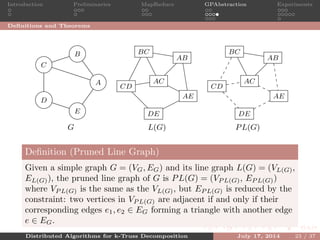 Introduction Preliminaries MapReduce GPAbstraction Experiments
Deﬁnitions and Theorems
A
B
C
D
E
G
AB
BC
CD
DE
AE
AC
L(G)
AB
BC
CD
DE
AE
AC
PL(G)
Deﬁnition (Pruned Line Graph)
Given a simple graph G = (VG, EG) and its line graph L(G) = (VL(G),
EL(G)), the pruned line graph of G is PL(G) = (VP L(G), EP L(G))
where VP L(G) is the same as the VL(G), but EP L(G) is reduced by the
constraint: two vertices in VP L(G) are adjacent if and only if their
corresponding edges e1, e2 ∈ EG forming a triangle with another edge
e ∈ EG.
Distributed Algorithms for k-Truss Decomposition July 17, 2014 23 / 37
 