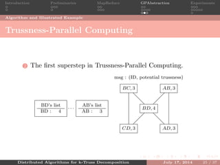 Introduction Preliminaries MapReduce GPAbstraction Experiments
Algorithm and Illustrated Example
Trussness-Parallel Computing
2 The ﬁrst superstep in Trussness-Parallel Computing.
AB, 3BC, 3
CD, 3 AD, 3
BD, 4 msg
m
sg
msg
m
sg
m
sg
m
sg
AB’s list
AB : 3
· · ·
BD’s list
BD : 4
msg : (ID, potential trussness)
Distributed Algorithms for k-Truss Decomposition July 17, 2014 25 / 37
 