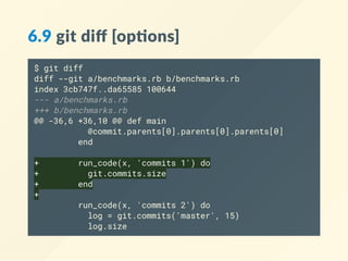 6.9 git diﬀ [op ons]
$ git diff
diff --git a/benchmarks.rb b/benchmarks.rb
index 3cb747f..da65585 100644
--- a/benchmarks.rb
+++ b/benchmarks.rb
@@ -36,6 +36,10 @@ def main
@commit.parents[0].parents[0].parents[0]
end
+ run_code(x, 'commits 1') do
+ git.commits.size
+ end
+
run_code(x, 'commits 2') do
log = git.commits('master', 15)
log.size
 