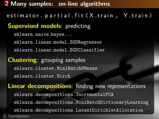 2 Many samples: on-line algorithms
e s t i m a t o r . p a r t i a l f i t ( X t r a i n , Y t r a i n )
Supervised models...