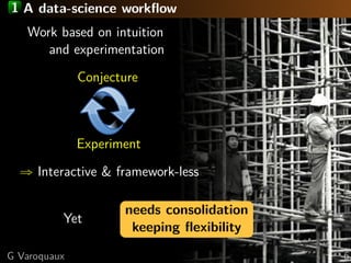 1 A data-science workﬂow
Work based on intuition
and experimentation
Conjecture
Experiment
ñ Interactive & framework-less
...