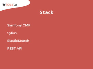 Stack
Symfony CMF
Sylius
ElasticSearch
REST API
 