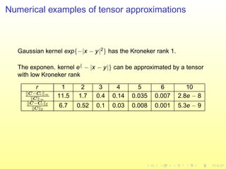 Numerical examples of tensor approximations
Gaussian kernel exp{−|x − y|2
} has the Kroneker rank 1.
The exponen. kernel e{
− |x − y|} can be approximated by a tensor
with low Kroneker rank
r 1 2 3 4 5 6 10
C−Cr ∞
C ∞
11.5 1.7 0.4 0.14 0.035 0.007 2.8e − 8
C−Cr 2
C 2
6.7 0.52 0.1 0.03 0.008 0.001 5.3e − 9
 