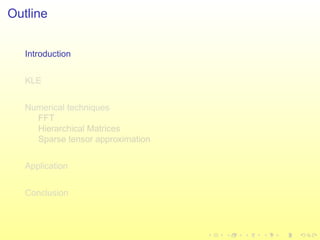 Outline
Introduction
KLE
Numerical techniques
FFT
Hierarchical Matrices
Sparse tensor approximation
Application
Conclusion
 