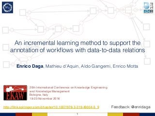 1
An incremental learning method to support the
annotation of workﬂows with data-to-data relations
Enrico Daga, Mathieu d’Aquin, Aldo Gangemi, Enrico Motta
Feedback: @enridaga
20th International Conference on Knowledge Engineering
and Knowledge Management
Bologna, Italy
19-23 November 2016
http://link.springer.com/chapter/10.1007/978-3-319-49004-5_9
 