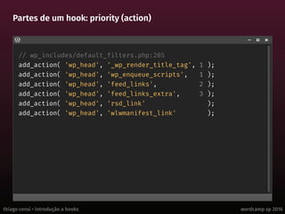 thiago censi • introdução a hooks wordcamp sp 2016
Partes de um hook: priority (action)
// wp_includes/default_filters.php:205
add_action( 'wp_head', '_wp_render_title_tag', 1 );
add_action( 'wp_head', 'wp_enqueue_scripts', 1 );
add_action( 'wp_head', 'feed_links', 2 );
add_action( 'wp_head', 'feed_links_extra', 3 );
add_action( 'wp_head', 'rsd_link' );
add_action( 'wp_head', 'wlwmanifest_link' );
 