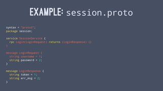 EXAMPLE: session.proto
syntax = "proto3";
package session;
service SessionService {
rpc Login(LoginRequest) returns (LoginResponse) {}
}
message LoginRequest {
string username = 1;
string password = 2;
}
message LoginResponse {
string token = 1;
string err_msg = 2;
}
 