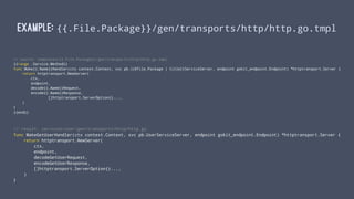 EXAMPLE: {{.File.Package}}/gen/transports/http/http.go.tmpl
// source: templates/{{.File.Package}}/gen/transports/http/http.go.tmpl
{{range .Service.Method}}
func Make{{.Name}}Handler(ctx context.Context, svc pb.{{$file.Package | title}}ServiceServer, endpoint gokit_endpoint.Endpoint) *httptransport.Server {
return httptransport.NewServer(
ctx,
endpoint,
decode{{.Name}}Request,
encode{{.Name}}Response,
[]httptransport.ServerOption{}...,
)
}
{{end}}
// result: services/user/gen/transports/http/http.go
func MakeGetUserHandler(ctx context.Context, svc pb.UserServiceServer, endpoint gokit_endpoint.Endpoint) *httptransport.Server {
return httptransport.NewServer(
ctx,
endpoint,
decodeGetUserRequest,
encodeGetUserResponse,
[]httptransport.ServerOption{}...,
)
}
 