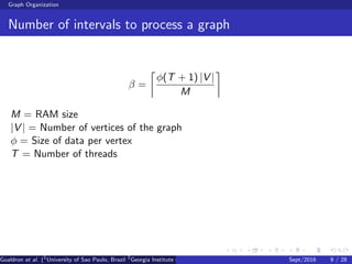 Graph Organization
Number of intervals to process a graph
β =
φ(T + 1) |V |
M
M = RAM size
|V | = Number of vertices of the graph
φ = Size of data per vertex
T = Number of threads
Gualdron et al. (1
University of Sao Paulo, Brazil 2
Georgia Institute of Technology, Atlanta, USA 3
Seoul National University, Republic ofSept/2016 9 / 28
 
