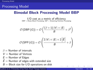 Processing Model
Processing Model
Bimodal Block Processing Model BBP
I/O cost as a metric of eﬃciency
DBP = Dense Block Processing, SSP = Streaming Partition Processing
O (DBP (G)) = O
(β + 1) |V | + |E|
B
+ β2
O (SPP (G)) = O


2 |V | + |E| + 2 ˆE
B
+ β


β = Number of intervals
V = Number of Vertices
E = Number of Edges
ˆE = Number of edges with extended size
B = Block size for I/O operations on disk
Gualdron et al. (1
University of Sao Paulo, Brazil 2
Georgia Institute of Technology, Atlanta, USA 3
Seoul National University, Republic ofSept/2016 13 / 28
 