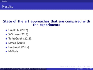 Results
Results
State of the art approaches that are compared with
the experiments
GraphChi (2012)
X-Stream (2013)
TurboGraph (2013)
MMap (2014)
GridGraph (2015)
M-Flash
Gualdron et al. (1
University of Sao Paulo, Brazil 2
Georgia Institute of Technology, Atlanta, USA 3
Seoul National University, Republic ofSept/2016 22 / 28
 