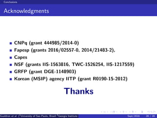 Conclusions
Acknowledgments
CNPq (grant 444985/2014-0)
Fapesp (grants 2016/02557-0, 2014/21483-2),
Capes
NSF (grants IIS-1563816, TWC-1526254, IIS-1217559)
GRFP (grant DGE-1148903)
Korean (MSIP) agency IITP (grant R0190-15-2012)
Thanks
Gualdron et al. (1
University of Sao Paulo, Brazil 2
Georgia Institute of Technology, Atlanta, USA 3
Seoul National University, Republic ofSept/2016 28 / 28
 