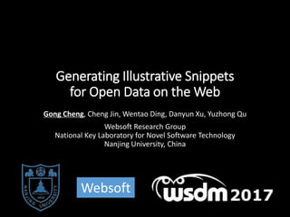 Generating Illustrative Snippets
for Open Data on the Web
Gong Cheng, Cheng Jin, Wentao Ding, Danyun Xu, Yuzhong Qu
Websoft Research Group
National Key Laboratory for Novel Software Technology
Nanjing University, China
Websoft
 