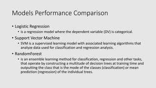 Models Performance Comparison
• Logistic Regression
• is a regression model where the dependent variable (DV) is categorical.
• Support Vector Machine
• SVM is a supervised learning model with associated learning algorithms that
analyze data used for classification and regression analysis.
• RandomForest
• is an ensemble learning method for classification, regression and other tasks,
that operate by constructing a multitude of decision trees at training time and
outputting the class that is the mode of the classes (classification) or mean
prediction (regression) of the individual trees.
 