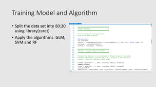 Training Model and Algorithm
• Split the data set into 80:20
using library(caret)
• Apply the algorithms: GLM,
SVM and RF
 
