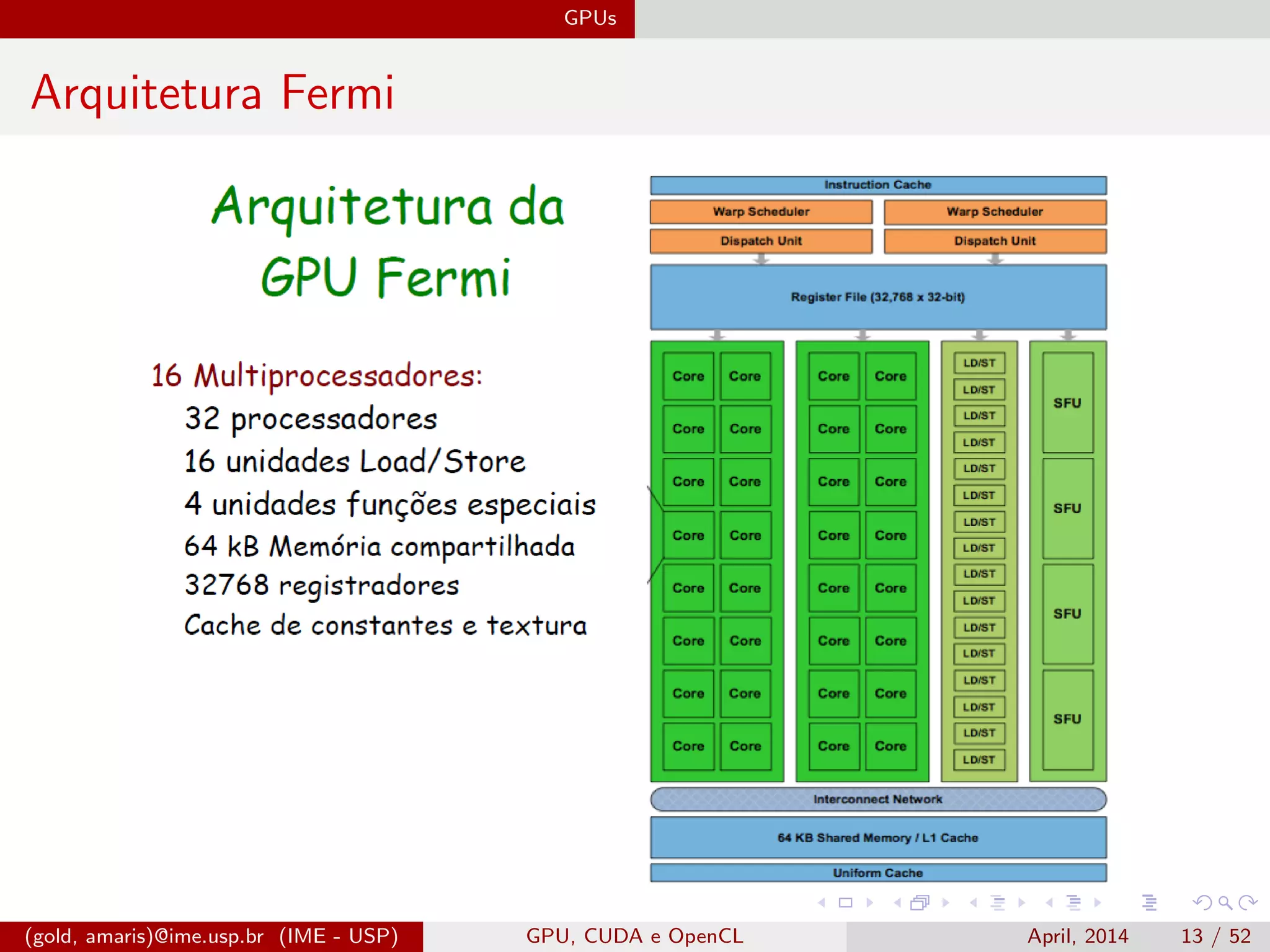 GPUs
Arquitetura Fermi
(gold, amaris)@ime.usp.br (IME - USP) GPU, CUDA e OpenCL April, 2014 13 / 52
 