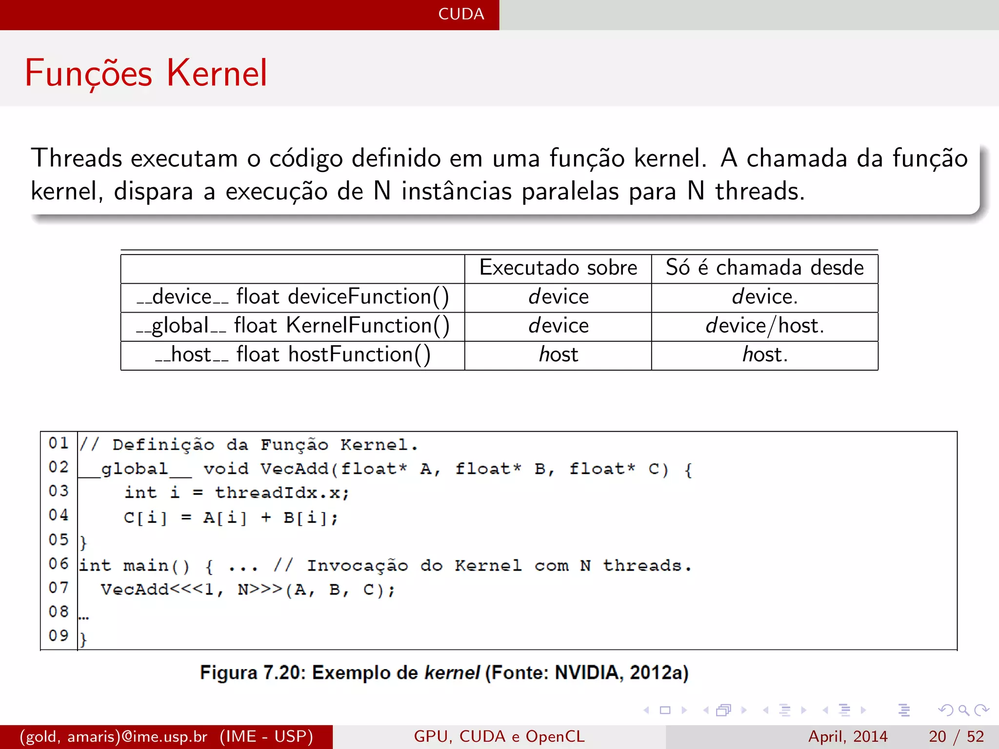 CUDA
Fun¸c˜oes Kernel
Threads executam o c´odigo deﬁnido em uma fun¸c˜ao kernel. A chamada da fun¸c˜ao
kernel, dispara a execu¸c˜ao de N instˆancias paralelas para N threads.
Executado sobre S´o ´e chamada desde
device ﬂoat deviceFunction() device device.
global ﬂoat KernelFunction() device device/host.
host ﬂoat hostFunction() host host.
(gold, amaris)@ime.usp.br (IME - USP) GPU, CUDA e OpenCL April, 2014 20 / 52
 