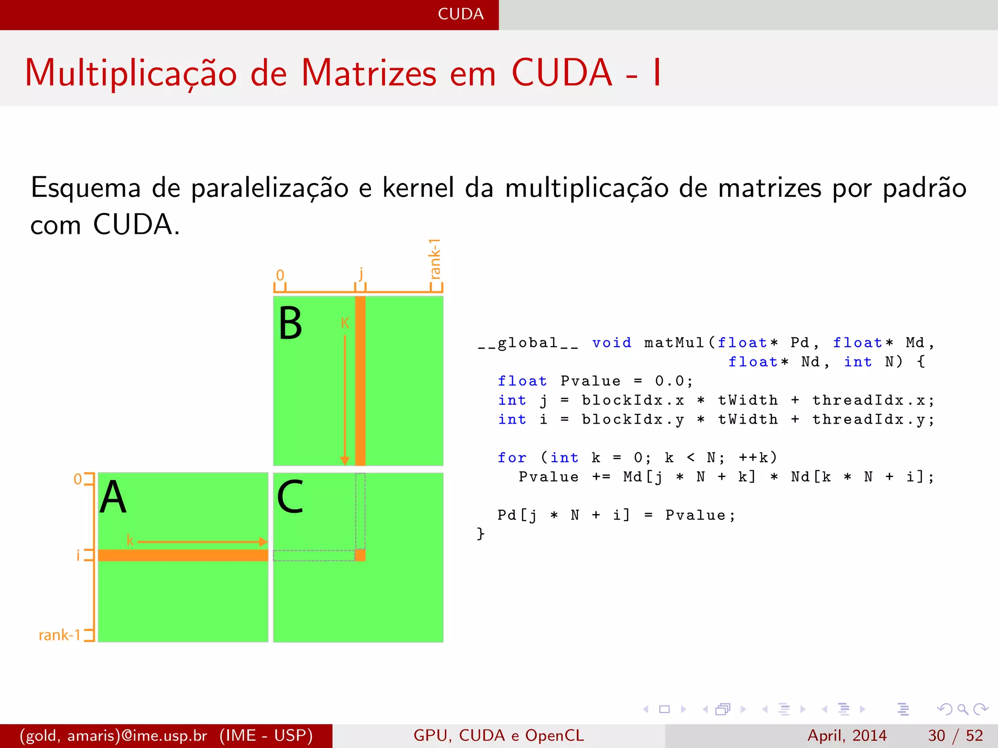 CUDA
Multiplica¸c˜ao de Matrizes em CUDA - I
Esquema de paraleliza¸c˜ao e kernel da multiplica¸c˜ao de matrizes por padr˜ao
com CUDA.
__global__ void matMul(float* Pd , float* Md ,
float* Nd , int N) {
float Pvalue = 0.0;
int j = blockIdx.x * tWidth + threadIdx.x;
int i = blockIdx.y * tWidth + threadIdx.y;
for (int k = 0; k < N; ++k)
Pvalue += Md[j * N + k] * Nd[k * N + i];
Pd[j * N + i] = Pvalue;
}
(gold, amaris)@ime.usp.br (IME - USP) GPU, CUDA e OpenCL April, 2014 30 / 52
 