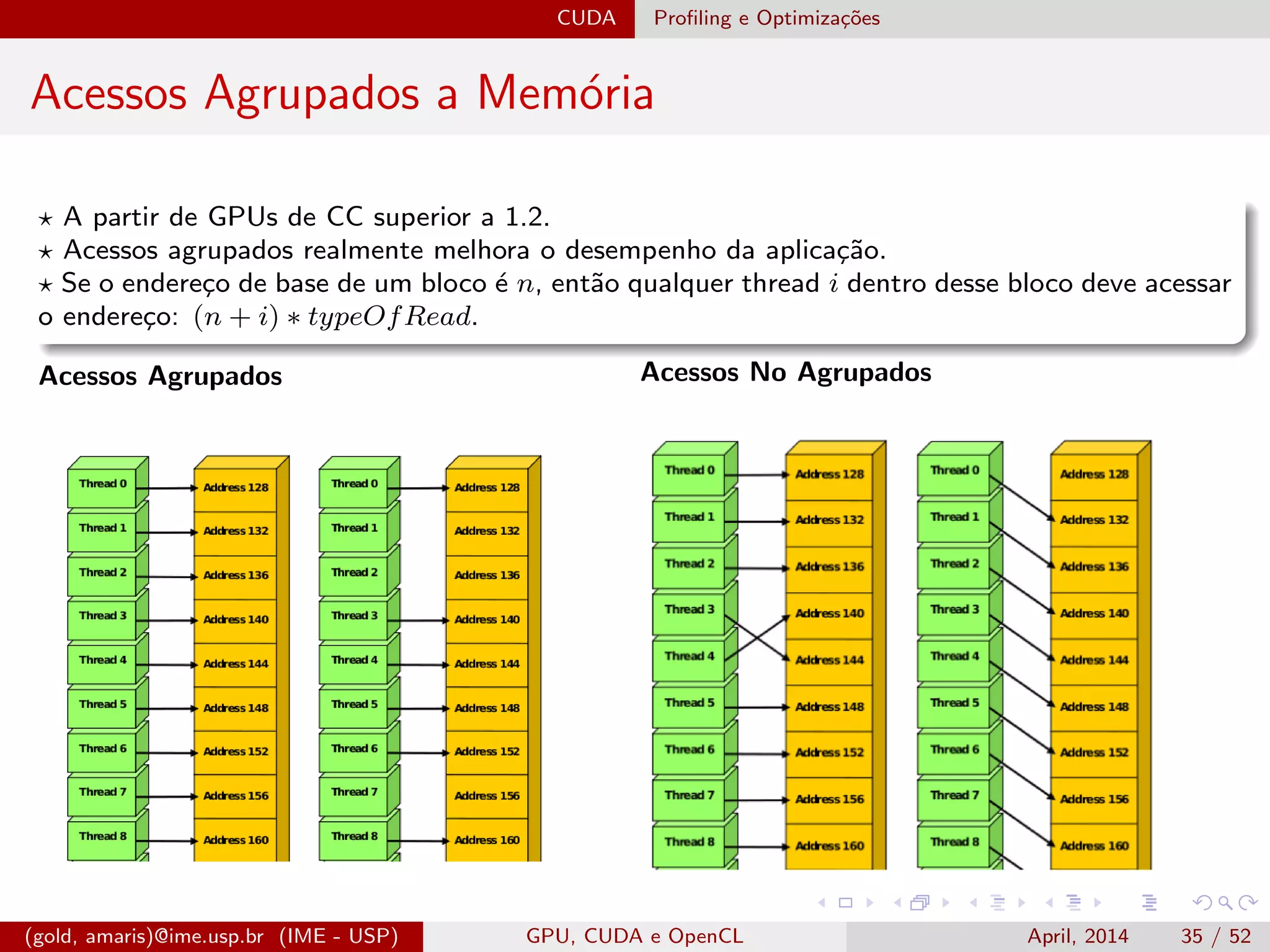 CUDA Proﬁling e Optimiza¸c˜oes
Acessos Agrupados a Mem´oria
A partir de GPUs de CC superior a 1.2.
Acessos agrupados realmente melhora o desempenho da aplica¸c˜ao.
Se o endere¸co de base de um bloco ´e n, ent˜ao qualquer thread i dentro desse bloco deve acessar
o endere¸co: (n + i) ∗ typeOfRead.
Acessos Agrupados Acessos No Agrupados
(gold, amaris)@ime.usp.br (IME - USP) GPU, CUDA e OpenCL April, 2014 35 / 52
 