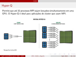 CUDA
Hyper-Q
Permite que at´e 32 processos MPI sejam lan¸cados simultaneamente em uma
GPU. O Hyper-Q ´e ideal para aplica¸c˜oes de cluster que usam MPI.
(gold, amaris)@ime.usp.br (IME - USP) GPU, CUDA e OpenCL April, 2014 19 / 52
 