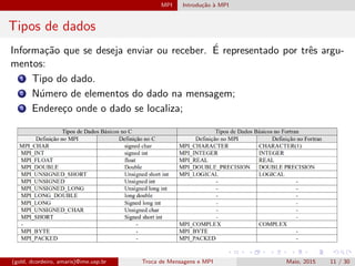 MPI Introdu¸c˜ao `a MPI
Tipos de dados
Informa¸c˜ao que se deseja enviar ou receber. ´E representado por trˆes argu-
mentos:
1 Tipo do dado.
2 N´umero de elementos do dado na mensagem;
3 Endere¸co onde o dado se localiza;
(gold, dcordeiro, amaris)@ime.usp.br Troca de Mensagens e MPI Maio, 2015 11 / 30
 