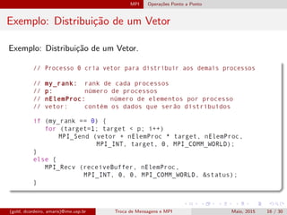 MPI Opera¸c˜oes Ponto a Ponto
Exemplo: Distribui¸c˜ao de um Vetor
Exemplo: Distribui¸c˜ao de um Vetor.
(gold, dcordeiro, amaris)@ime.usp.br Troca de Mensagens e MPI Maio, 2015 16 / 30
 