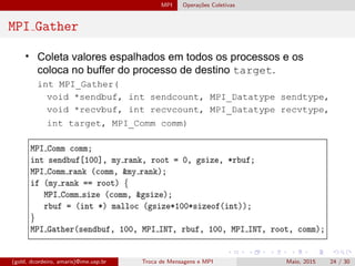 MPI Opera¸c˜oes Coletivas
MPI Gather
(gold, dcordeiro, amaris)@ime.usp.br Troca de Mensagens e MPI Maio, 2015 24 / 30
 