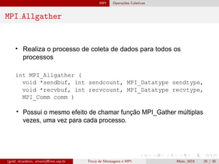 MPI Opera¸c˜oes Coletivas
MPI Allgather
(gold, dcordeiro, amaris)@ime.usp.br Troca de Mensagens e MPI Maio, 2015 25 / 30
 