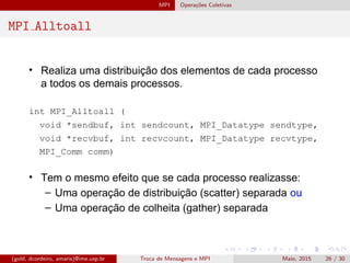 MPI Opera¸c˜oes Coletivas
MPI Alltoall
(gold, dcordeiro, amaris)@ime.usp.br Troca de Mensagens e MPI Maio, 2015 26 / 30
 