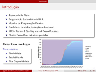 Introdu¸c˜ao
Introdu¸c˜ao
Taxonomia de Flynn.
Programa¸c˜ao Autom´atica ´e dif´ıcil.
Modelos de Programa¸c˜ao Paralela.
Paralelismo de dados, instru¸c˜oes e funcional.
1993 - Becker & Sterling started Beowulf project.
Cluster Beowulf ou m´aquinas paralelas.
Cluster Linux para Leigos
Caracter´ısticas
Flexibilidade
Escalabilidade
Alta Disponibilidade
(gold, dcordeiro, amaris)@ime.usp.br Troca de Mensagens e MPI Maio, 2015 1 / 30
 