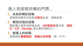 進入微服務架構的門票…
1. 系統架構的挑戰:
微服務架構先天就是分散式系統，複雜度高。
2. 開發流程的挑戰:
要能獨立更新或替換系統，API相容性要求高，測試、
CI、CD、DevOps 是必要的環節之一。
3. 營運上的挑戰:
微服務的基礎建設，容器化的佈署，缺一不可。
 