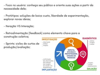- Foco no usuário: conheça seu público e oriente suas ações a partir da
necessidade dele;
- Protótipos: soluções de baixo custo, liberdade de experimentação,
explorar novas ideias;
- Iteração VS Interação;
- Retroalimentação (feedback) como elemento chave para a
construção coletiva;
- Sprints: ciclos de curtos de
produção/avaliação;
 