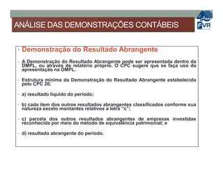 ANÁLISE DAS DEMONSTRAÇÕES CONTÁBEIS
• Demonstração do Resultado Abrangente
• A Demonstração do Resultado Abrangente pode ser apresentada dentro da
DMPL, ou através de relatório próprio. O CPC sugere que se faça uso da
apresentação na DMPL.
• Estrutura mínima da Demonstração do Resultado Abrangente estabelecida
pelo CPC 26:pelo CPC 26:
• a) resultado líquido do período;
• b) cada item dos outros resultados abrangentes classificados conforme sua
natureza exceto montantes relativos a letra “c”;
• c) parcela dos outros resultados abrangentes de empresas investidas
reconhecida por meio do método de equivalência patrimonial; e
• d) resultado abrangente do período.
 