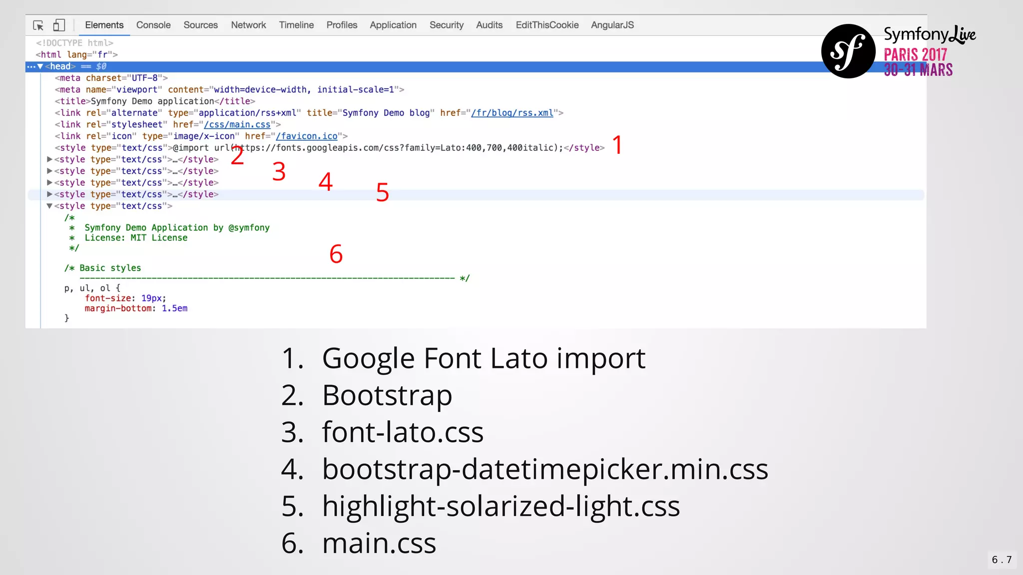 12
3 4 5
6
1.	 Google	Font	Lato	import
2.	 Bootstrap
3.	 font-lato.css
4.	 bootstrap-datetimepicker.min.css
5.	 highlight-solarized-light.css
6.	 main.css 6 . 7
 
